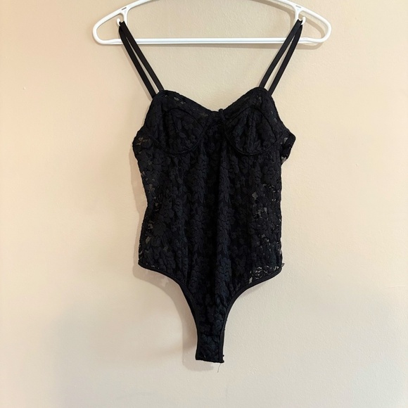 Black Lace Thong Bodysuit with Contour Panel - Picture 1 of 14